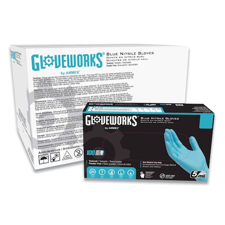 Gloveworks By Ammex Disposable Gloves, Industrial Grade, 5 mil Palm, Nitrile, Powder-Free, L, 1000 PK, Blue INPF46100